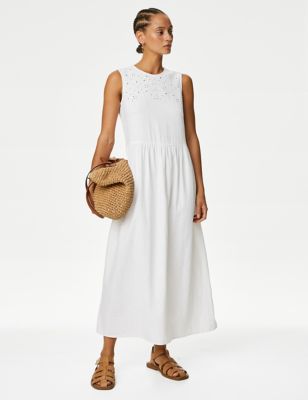 

Womens M&S Collection Linen Rich Cutwork Detail Midi Swing Dress - White, White