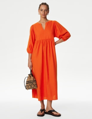 

Womens M&S Collection Linen Rich V-Neck Midi Beach Dress - Bright Orange, Bright Orange