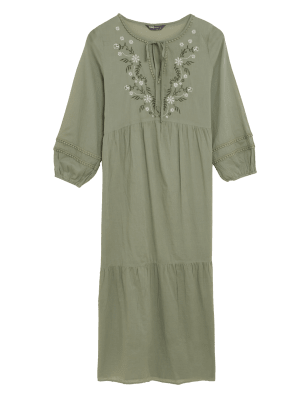 

Womens M&S Collection Maxi-Strandkleid aus reiner Baumwolle mit Stickerei - Khaki, Khaki