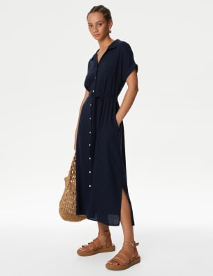 

Womens M&S Collection Midi-Shirtkleid aus Leinenmischgewebe - Navy, Navy