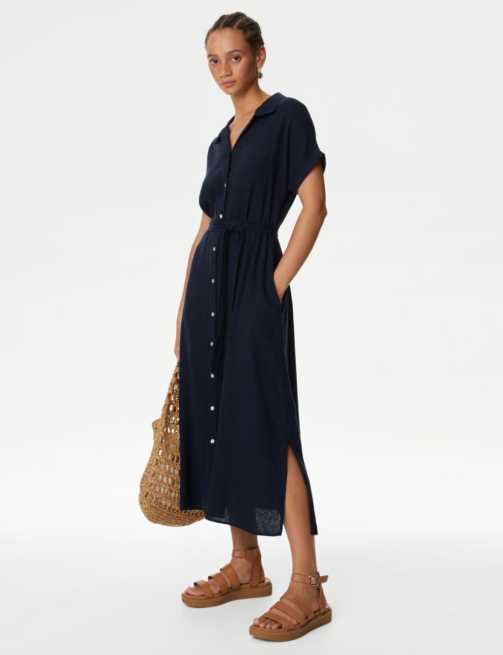 Linen Blend Midi Shirt Dress image 1