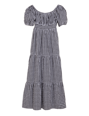 

Womens M&S Collection Tailliertes Smokkleid aus reiner Baumwolle mit Gingham-Muster - Black Mix, Black Mix