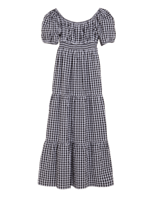 

Womens M&S Collection Pure Cotton Gingham Shirred Waisted Dress - Black Mix, Black Mix