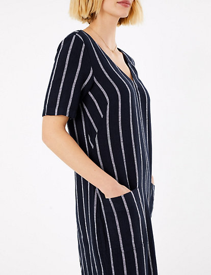 Linen Striped V-Neck Shift Dress