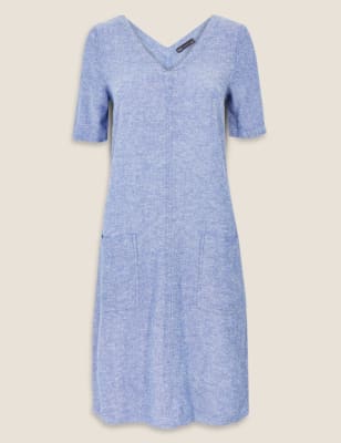  Robe tube en lin à col en V - Chambray