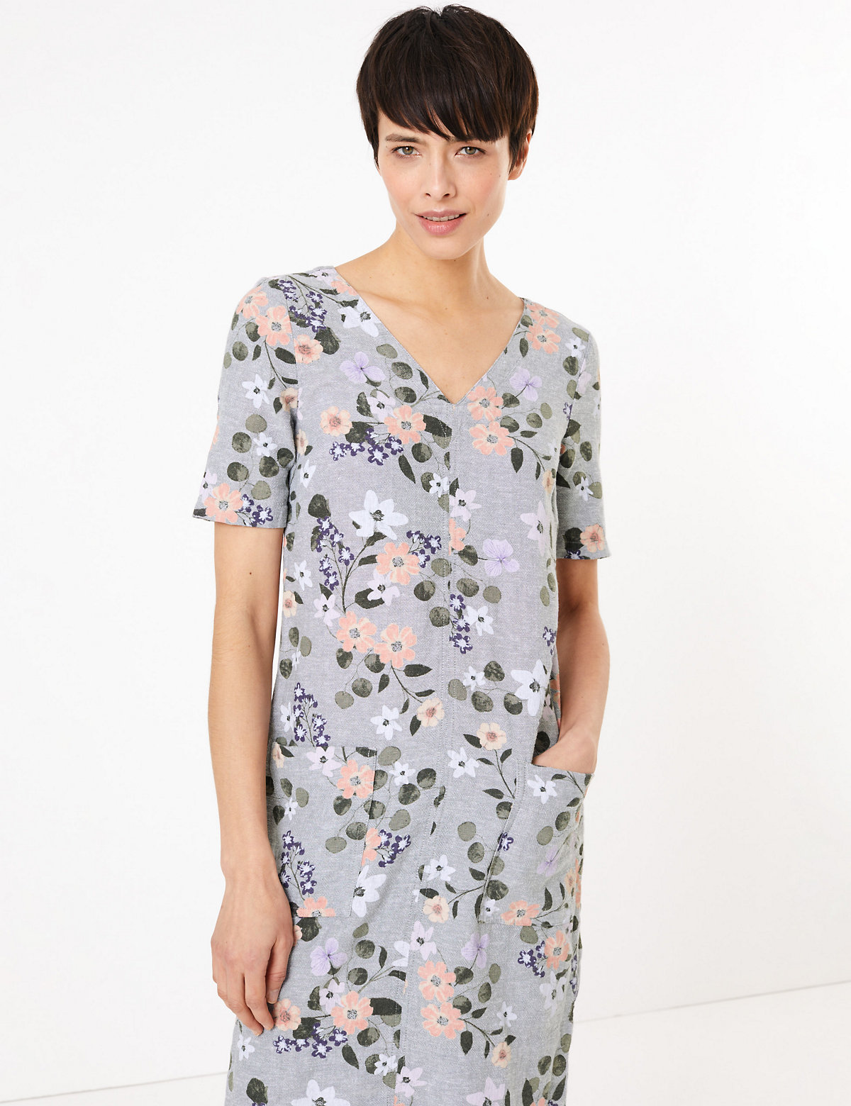 Linen Floral V-Neck Shift Dress