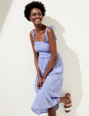 Pure Cotton Shirred Midi Beach Dress