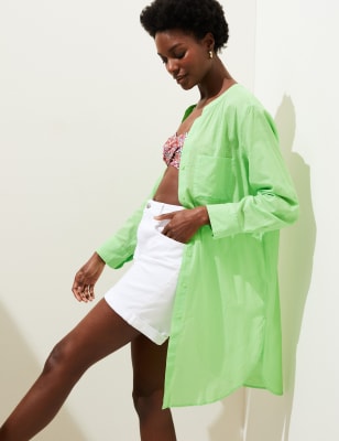 Pure Cotton Collarless Beach Cover Up Shirt