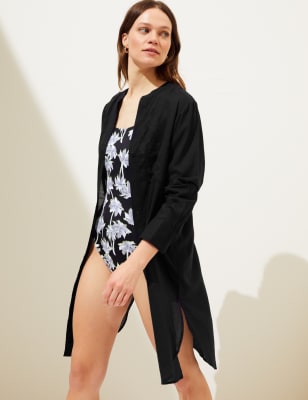 

Womens M&S Collection Pure Cotton Collarless Beach Cover Up Shirt - Black, Black