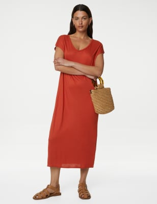 Jersey V-Neck Midi T-Shirt Dress