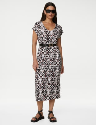 

M&S Collection Vestido camiseta a media pierna de punto con escote en pico y estampadoWomens - Green Mix, Green Mix
