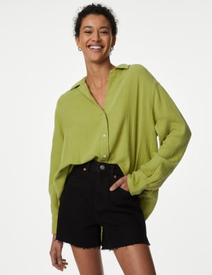 

Womens M&S Collection Pure Cotton Textured Beach Shirt - Medium Green, Medium Green