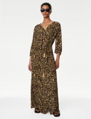 

Womens M&S Collection Printed V-Neck Tie Waist Maxi Beach Dress - Brown Mix, Brown Mix