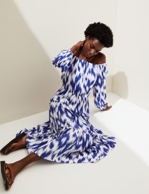 

M&S Collection Vestido bardot maxi a media pierna estampadoWomens - Dark Blue Mix, Dark Blue Mix
