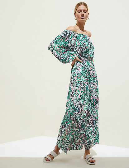 Printed Bardot Midaxi Dress