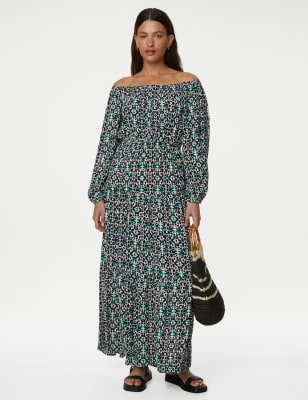 Printed Bardot Midaxi Dress