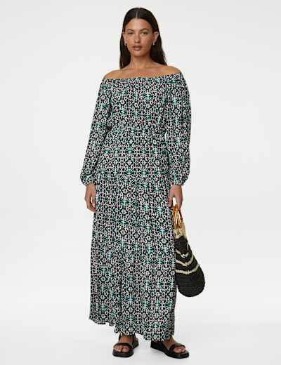 Printed Bardot Midaxi Dress