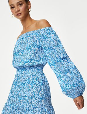 M&S Womens Pure Cotton Printed Bardot Midaxi Beach Dress - 10LNG - Bright Blue Mix, Bright Blue Mix,