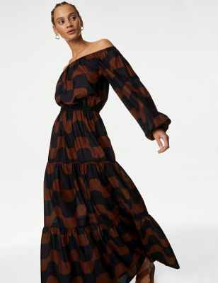 M&S Women's Pure Cotton Printed Bardot Midaxi Beach Dress - 10LNG - Conker, Conker,Bright Blue Mix,W