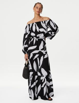 

Womens M&S Collection Pure Cotton Printed Bardot Midaxi Beach Dress - Black Mix, Black Mix
