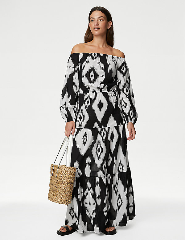 Gemustertes Midaxi-Strandkleid aus reiner Baumwolle im Bardot-Stil - AT