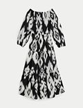 Gemustertes Midaxi-Strandkleid aus reiner Baumwolle im Bardot-Stil