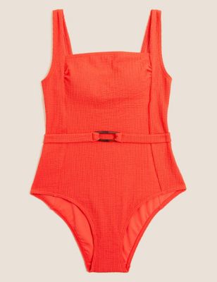 M&S Womens Textured Padded Belted Square Neck Swimsuit