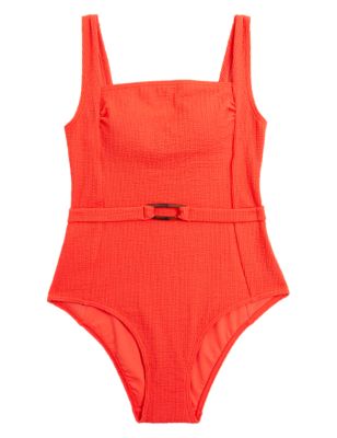 

Womens M&S Collection Textured Padded Belted Square Neck Swimsuit - Bright Orange, Bright Orange