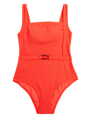 

Womens M&S Collection Textured Padded Belted Square Neck Swimsuit - Bright Orange, Bright Orange