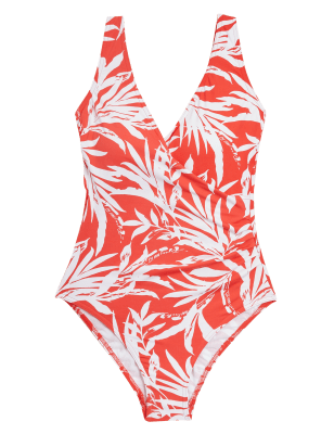 

Womens M&S Collection Tummy Control Leaf Print Wrap Swimsuit - Red Mix, Red Mix