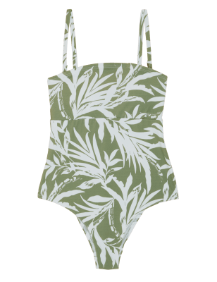 

Womens M&S Collection Leaf Print Padded Bandeau Swimsuit - Bright Sage, Bright Sage