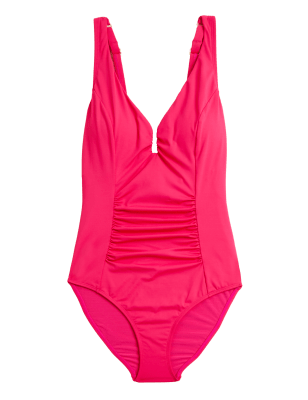 

Womens M&S Collection Bauchkaschierender gepolsterter Plunge-Badeanzug mit Rüschen - Fuchsia, Fuchsia