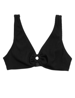 

Womens M&S Collection Ribbed Ring Detail Plunge Bikini Top - Black, Black