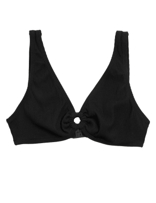 

Womens M&S Collection Ribbed Ring Detail Plunge Bikini Top - Black, Black