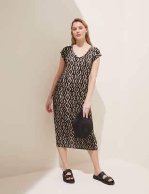 Printed Jersey V-Neck Midi Beach Dress