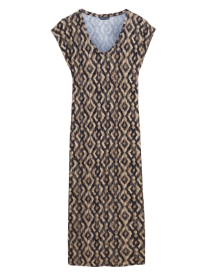 

Womens M&S Collection Gemustertes Midi-Strandkleid aus Jersey mit V-Ausschnitt - Black Mix, Black Mix