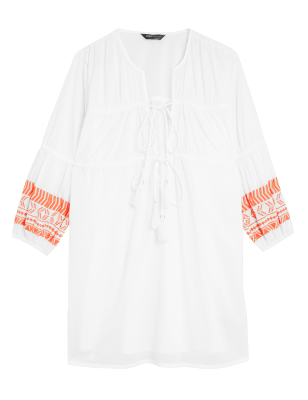 

M&S Collection Vestido playero de escote en pico bordado 100% algodónWomens - White Mix, White Mix