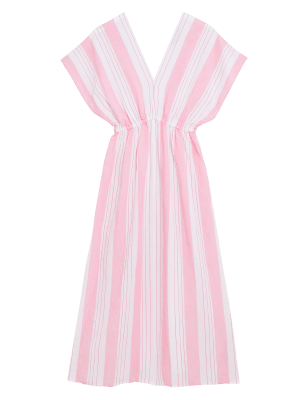 

Womens M&S Collection Linen Blend Striped V-Neck Maxi Dress - Pink Mix, Pink Mix