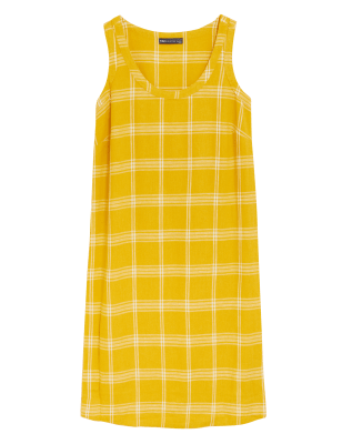

Womens M&S Collection Linen Rich Printed Round Neck Shift Dress - Bright Gold, Bright Gold