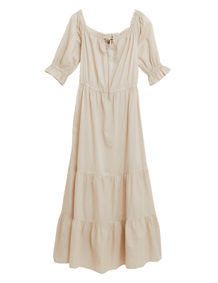 

Womens M&S Collection Midi-Stufenstrandkleid im Bardot-Stil aus reiner Baumwolle - Sand, Sand