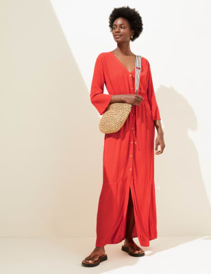 V-Neck Tie Waist Maxi Beach Dress - TW