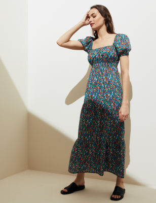 Pure Cotton Floral Midi Waisted Dress