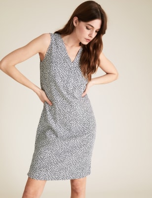 Linen Blend Leaf Print Shift Dress