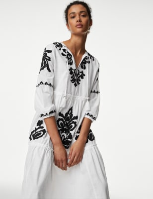 

M&S Collection Vestido playero maxi a media pierna 100% algodón en capasWomens - White Mix, White Mix