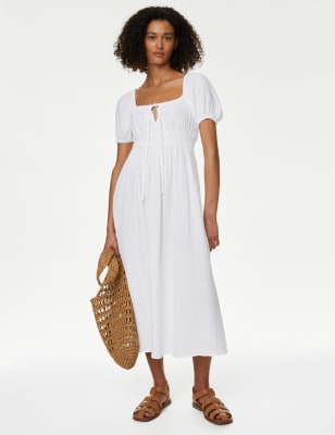 

Womens M&S Collection Midi-Strandkleid aus reiner Baumwolle mit eckigem Ausschnitt - Soft White, Soft White