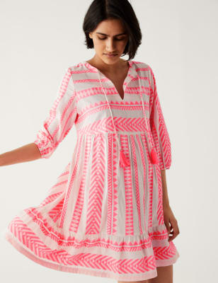 Cotton Rich Jacquard Mini Smock Beach Dress