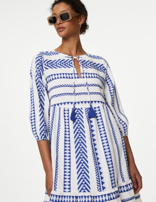 Cotton Rich Jacquard Mini Smock Beach Dress