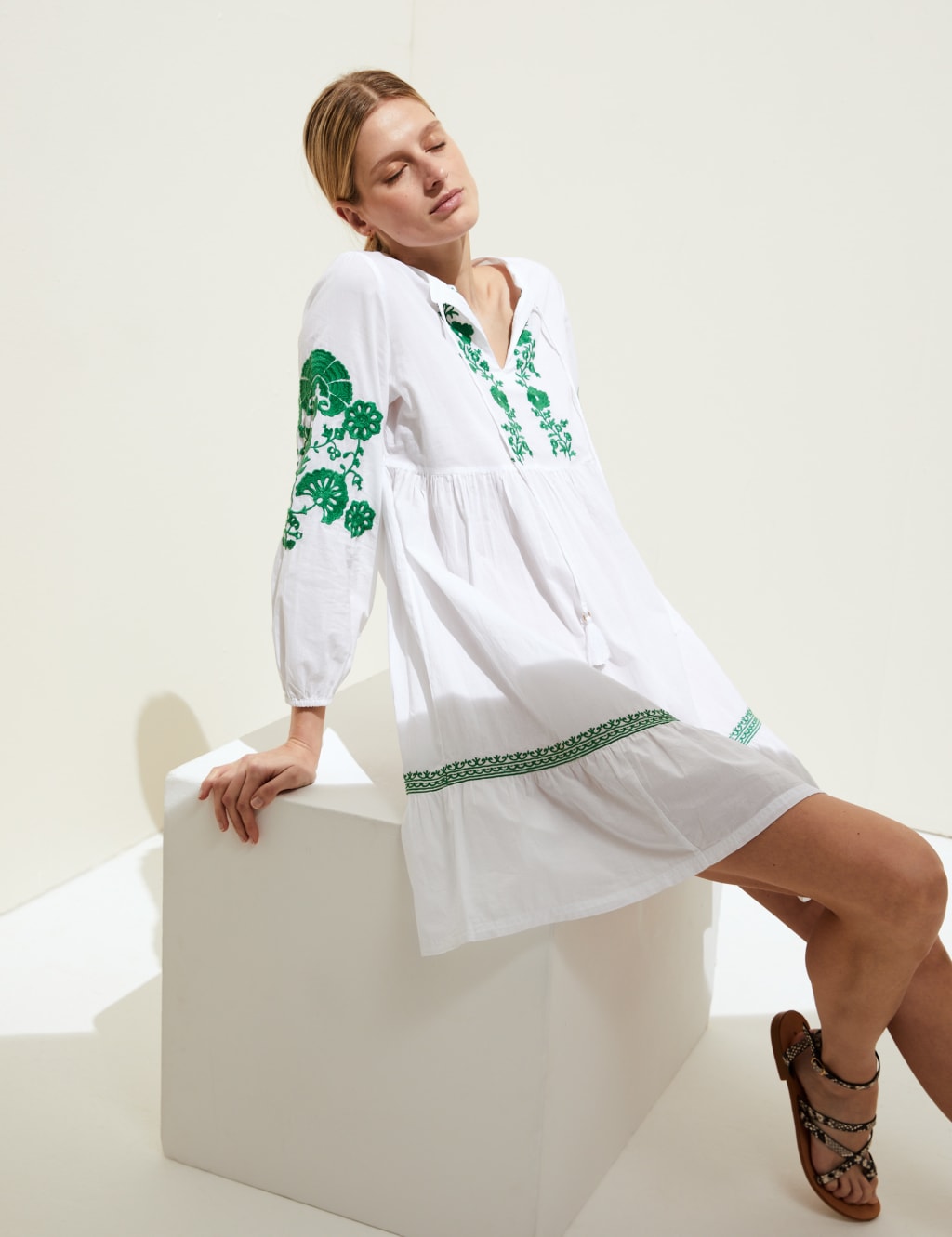 Pure Cotton V-Neck Mini Tiered Dress image 1