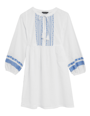 

Womens M&S Collection Pure Cotton Embroidered Mini Beach Dress - Blue Mix, Blue Mix