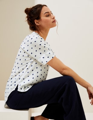

M&S Collection Blusa de manga corta 100% lino estampadaWomens - White Mix, White Mix